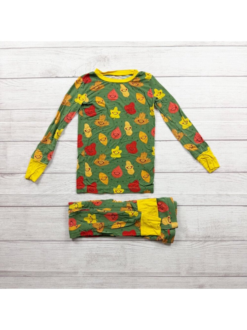 Kiki + Lulu Kids Pajama Set Fall Leaves Print Organic Bamboo Green 5-6